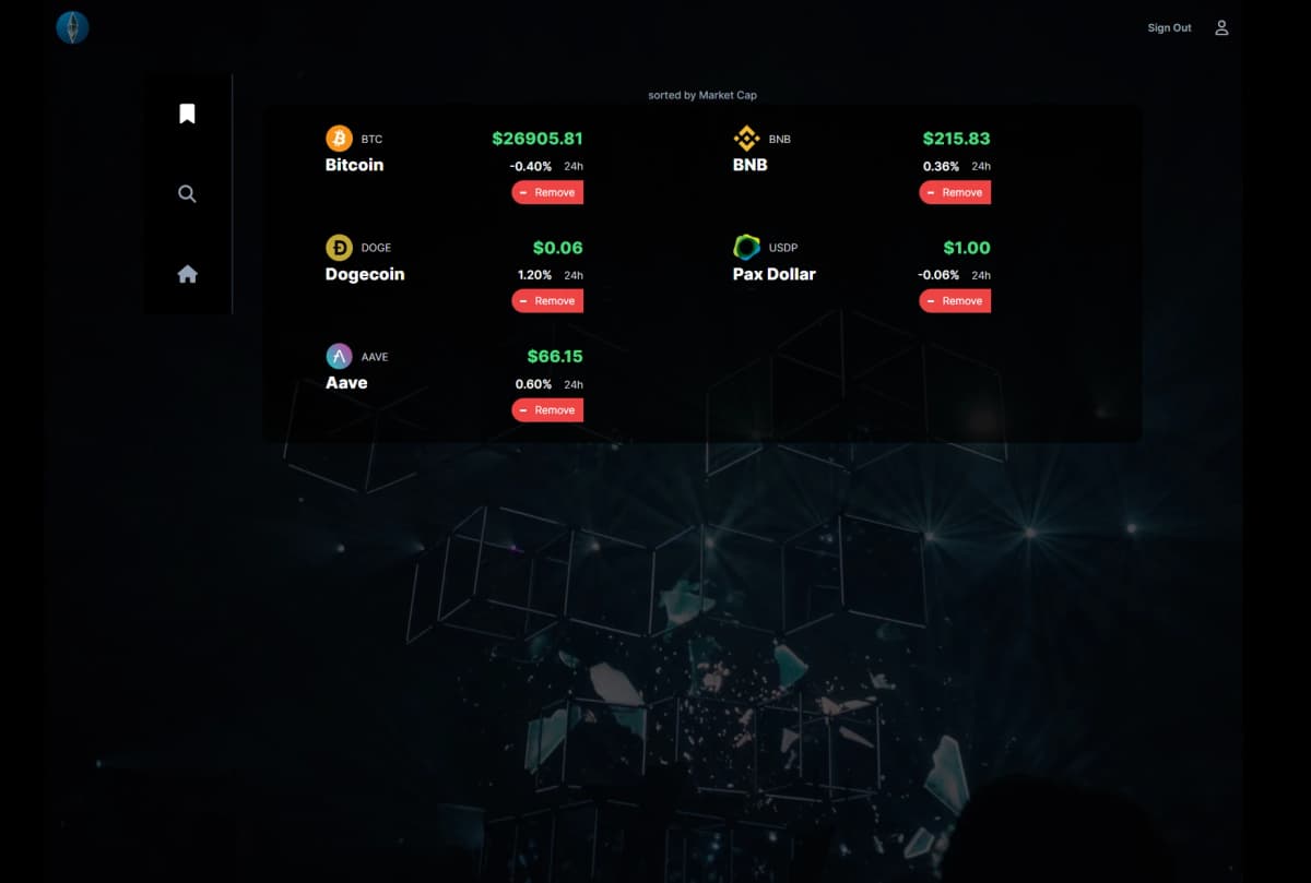 Screenshot of Saved Coins Page