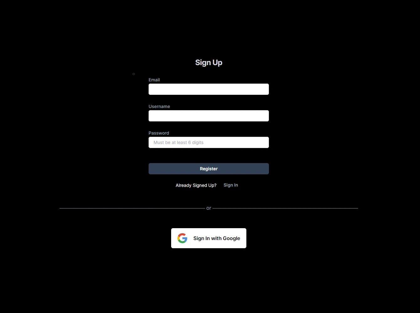Screenshot of Register Page